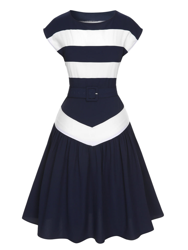 [Pre-Sale] Dark Blue 1940s Boat Neck Stripe Dress