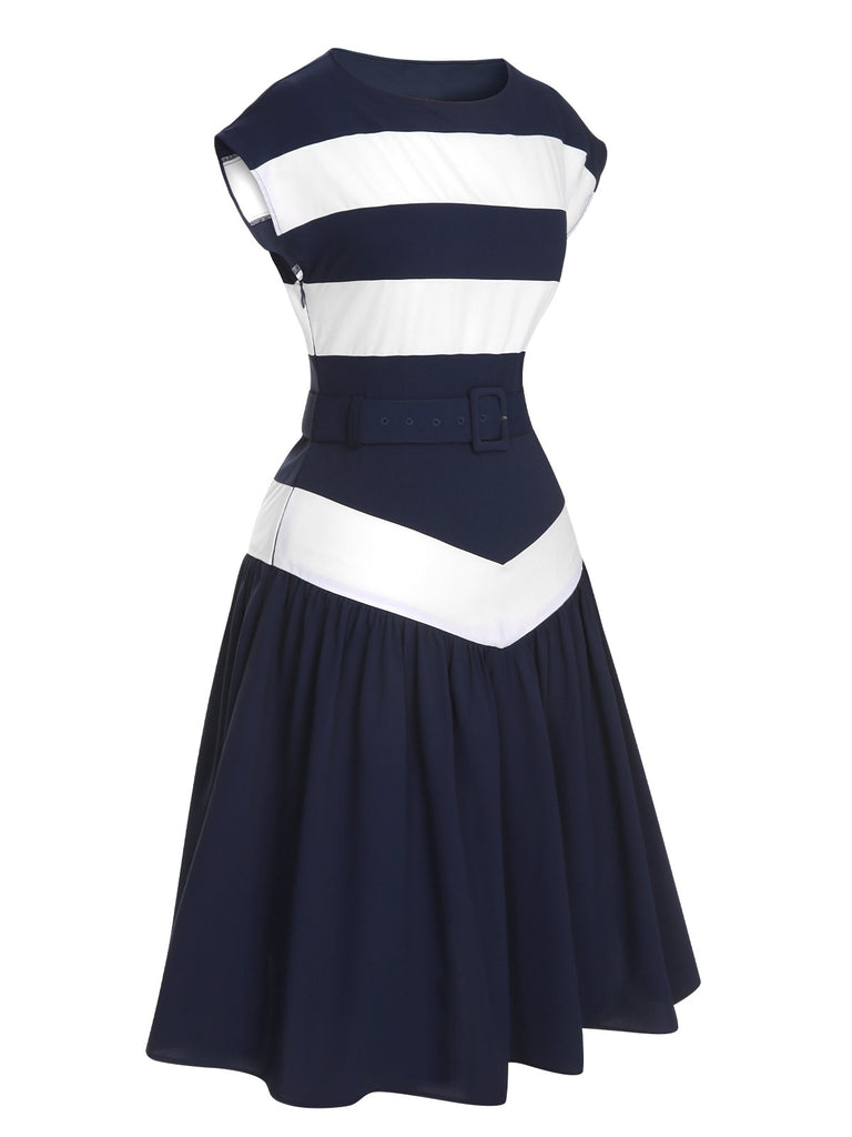 [Pre-Sale] Dark Blue 1940s Boat Neck Stripe Dress