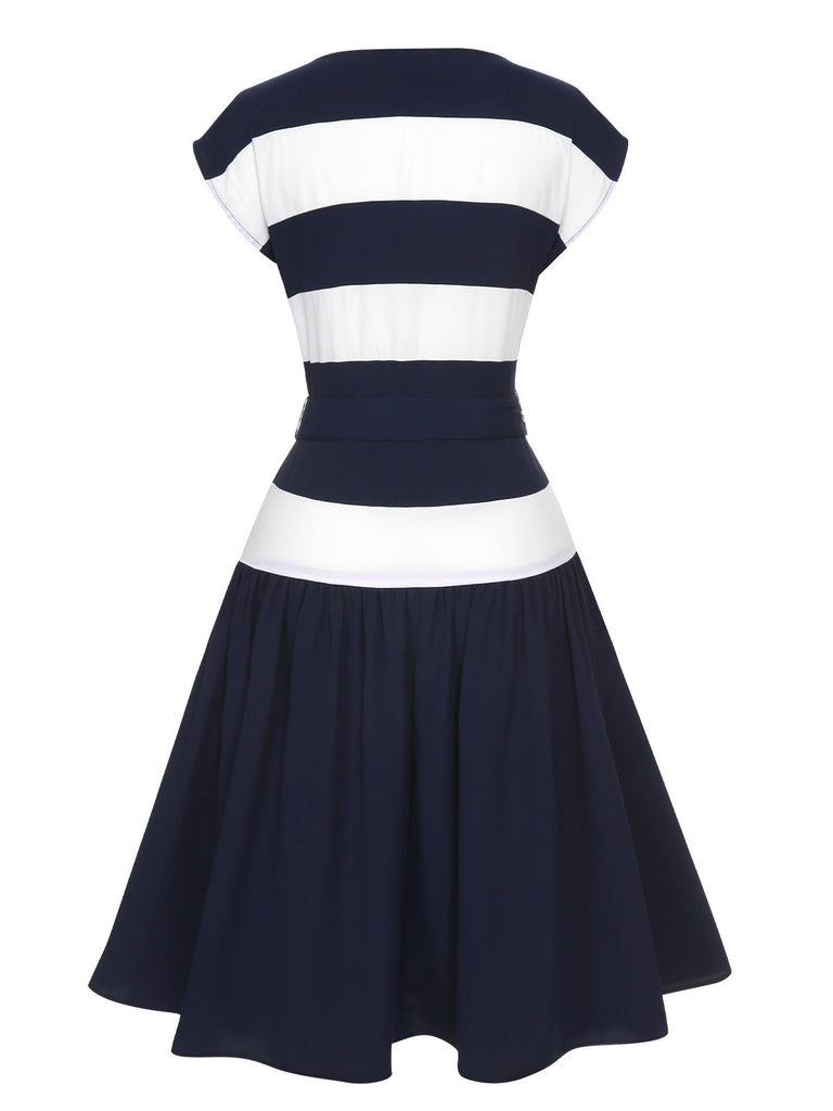 [Pre-Sale] Dark Blue 1940s Boat Neck Stripe Dress