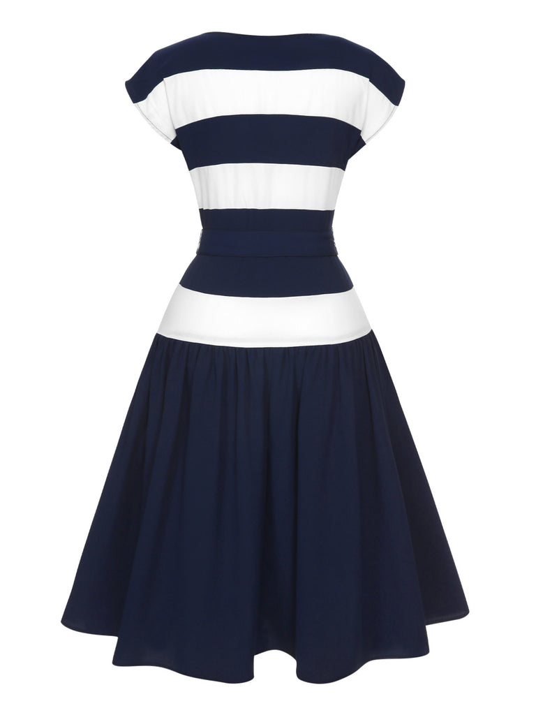 Dark Blue 1940s Boat Neck Stripe Dress