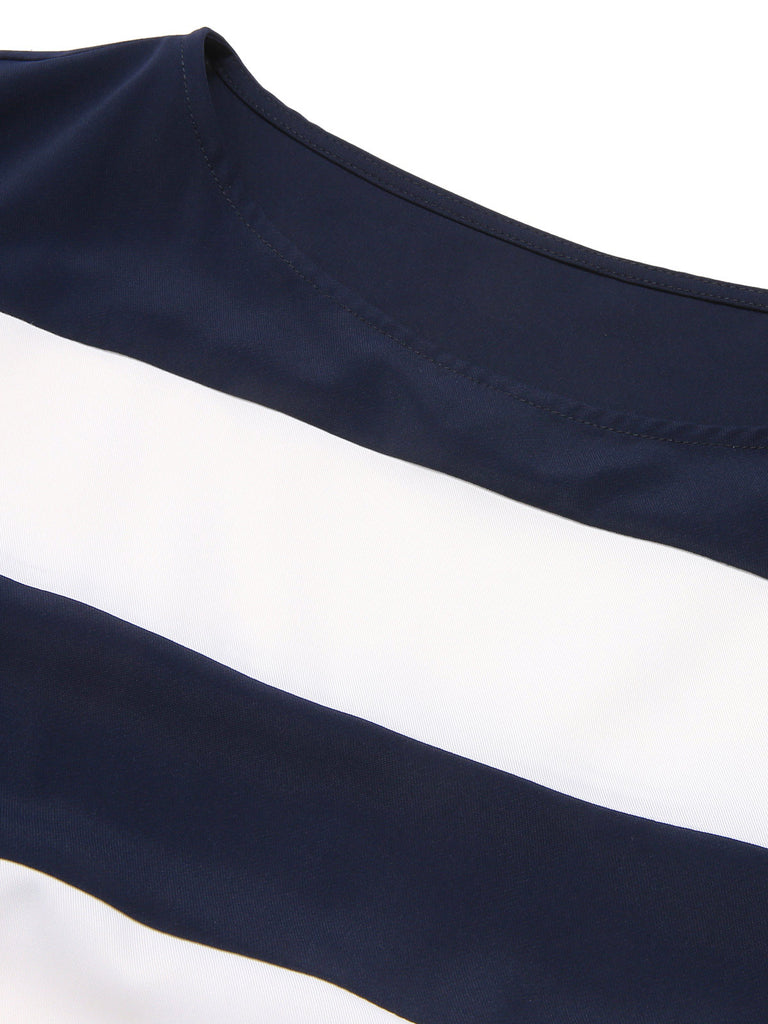 Dark Blue 1940s Boat Neck Stripe Dress