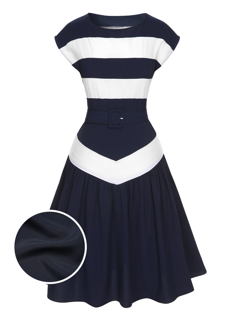 [Pre-Sale] Dark Blue 1940s Boat Neck Stripe Dress