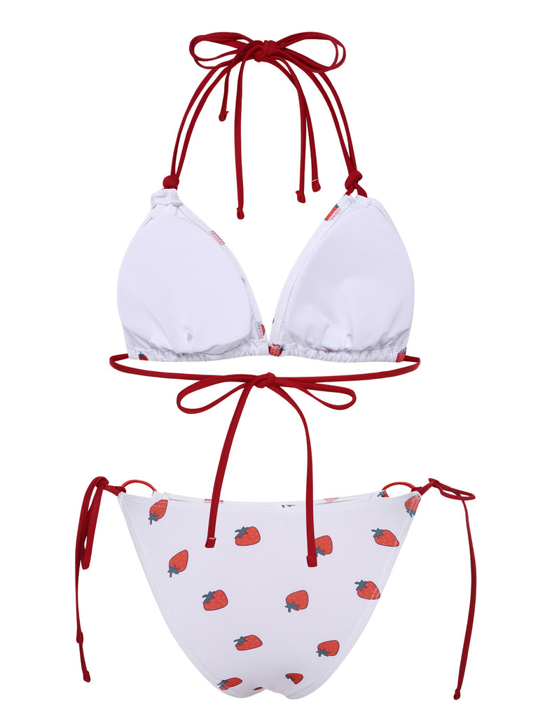 White 1960s Strawberry Lace-Up Halter Bikini Set