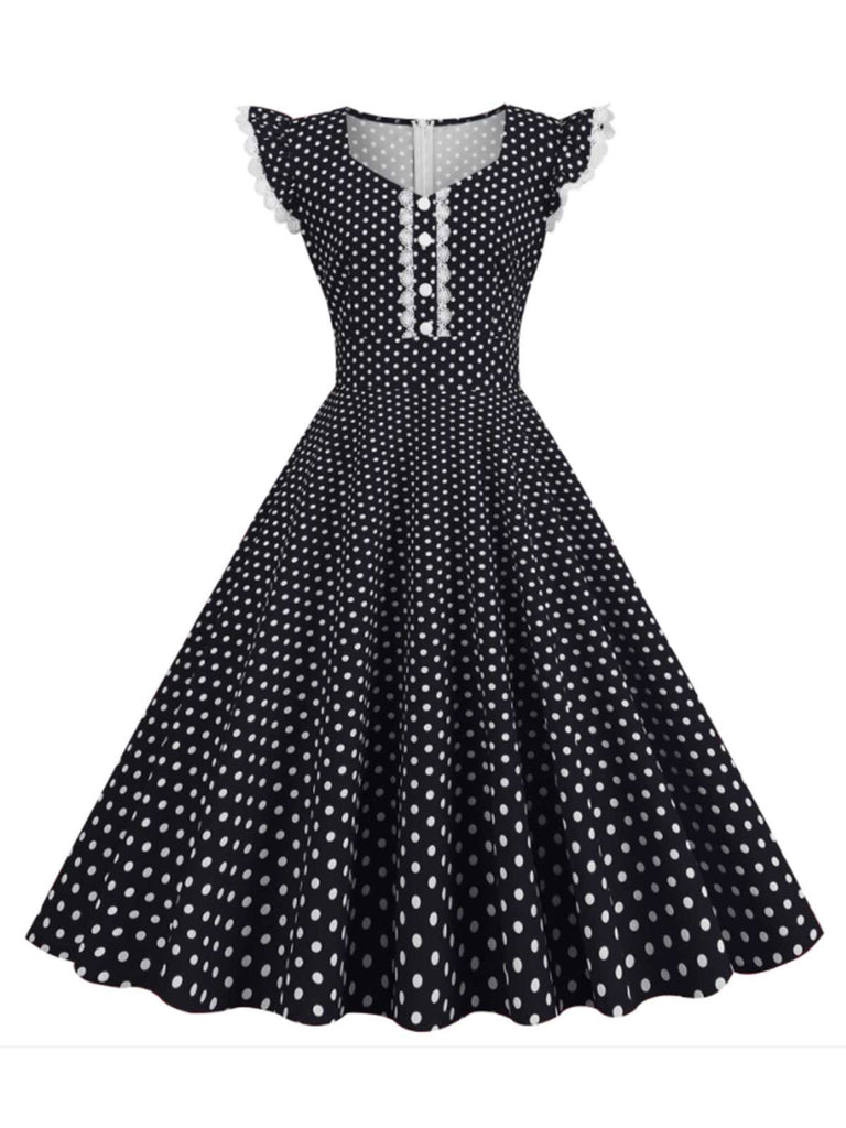 Black 1950s Polka Dots Ruffles Dress