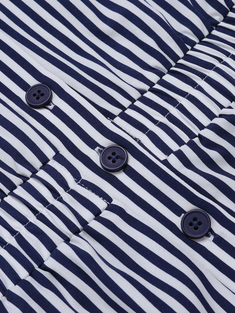 Dark Blue 1950s V-Neck Pockets Stripes Romper