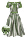 Green 1940s Off-Shoulder Stripes Bow Belted Dress