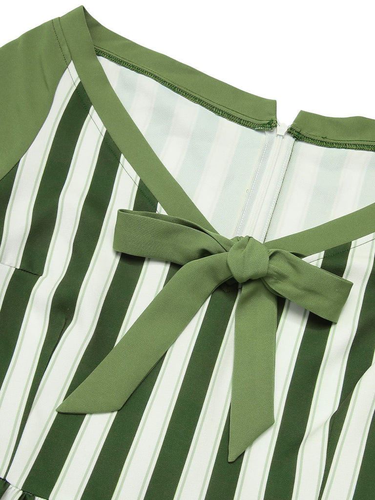 Green 1940s Off-Shoulder Stripes Bow Belted Dress