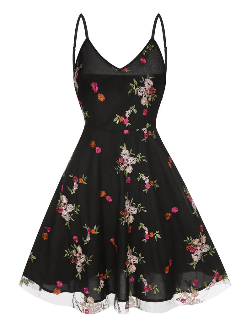 Black 1970s Floral Embroidered Mesh Strap Dress