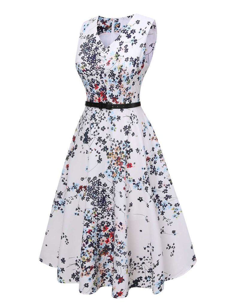 White 1940s V-Neck Floral Belted Sleeveless Dress