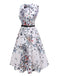 White 1940s V-Neck Floral Belted Sleeveless Dress