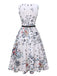 White 1940s V-Neck Floral Belted Sleeveless Dress