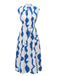 Blue & White 1940s Curves Stand Collar Belt Dress