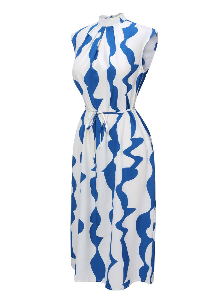 Blue & White 1940s Curves Stand Collar Belt Dress