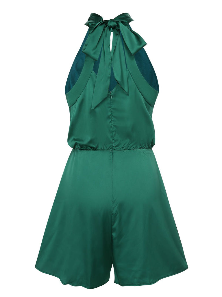 Dark Army Green 1950s Solid Satin Lace-Up Romper