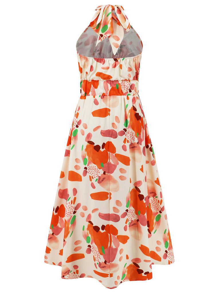 1940s Halter Lace-Up Printed Sleeveless Dress