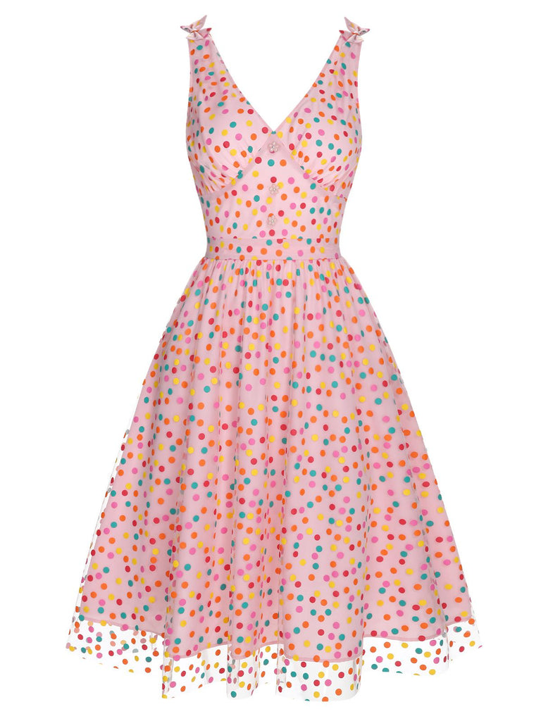 [Pre-Sale] 1950s V-Neck Rainbow Polka Dots Mesh Dress