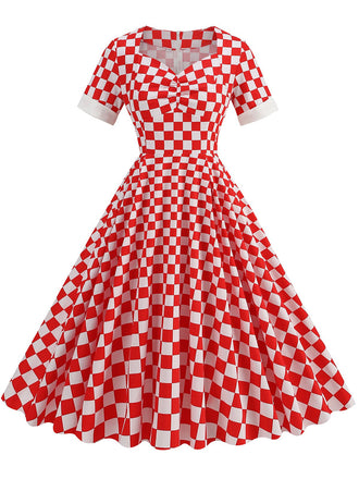 Red 1950s Sweetheart Neck Plaids Dress