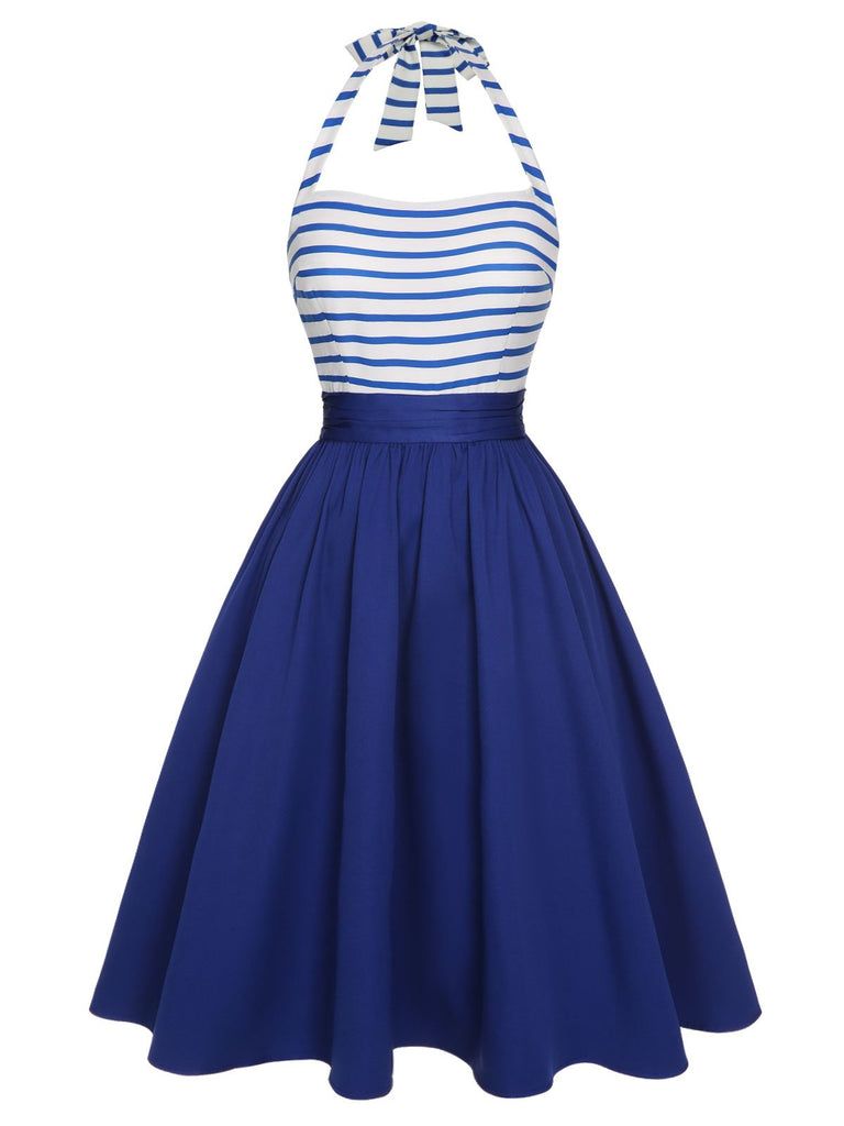 Blue 1940s Striped Patchwork Halter Dress