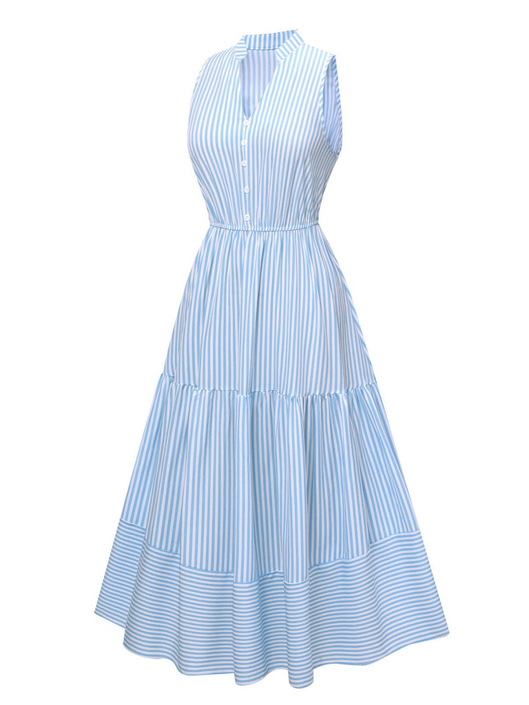 Sky Blue 1940s Stripes Stand Collar Dress