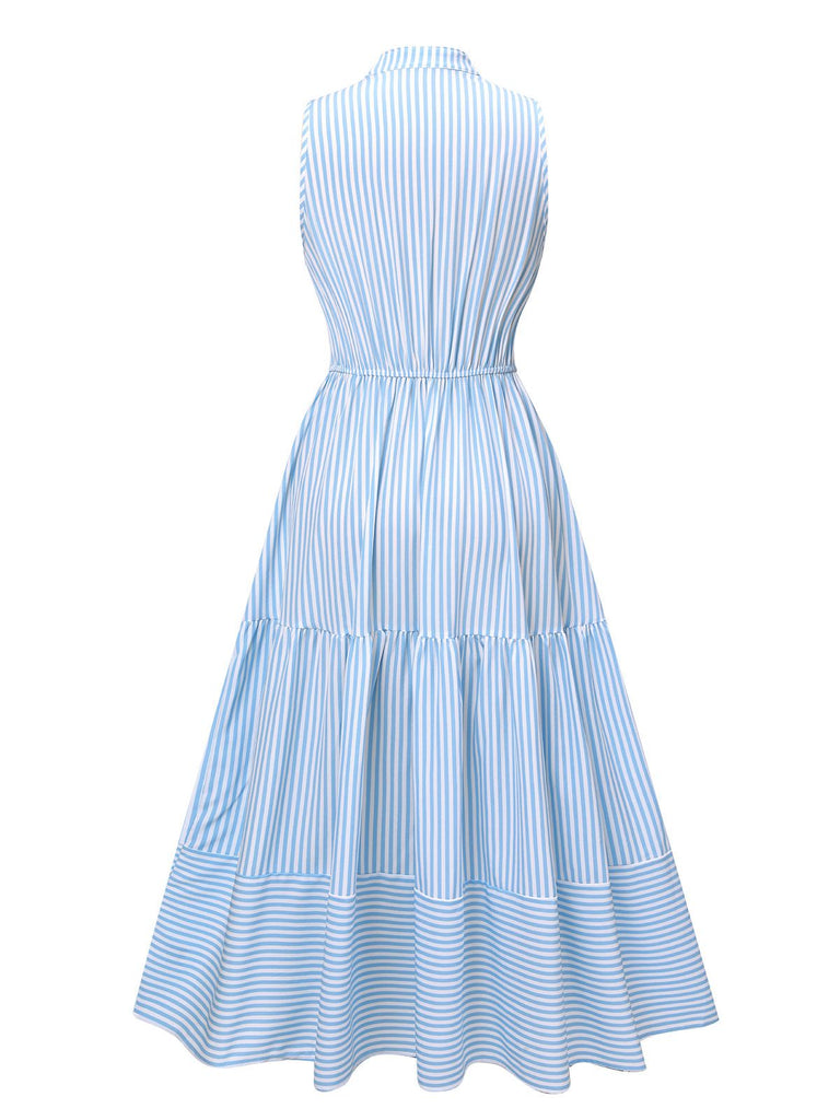Sky Blue 1940s Stripes Stand Collar Dress