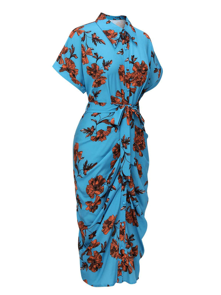 Blue 1940s Shirt Neck Floral Belted Dress