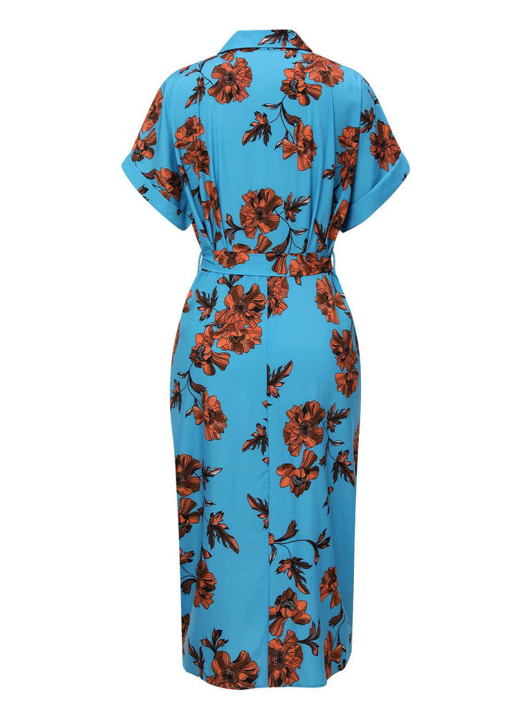 Blue 1940s Shirt Neck Floral Belted Dress