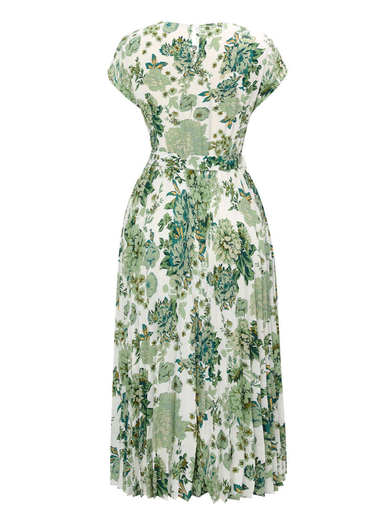 Green 1940s Floral Tie Belt Dress
