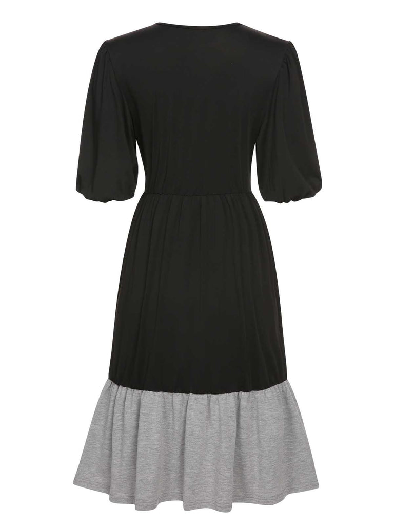 Black 1930s Patchwork Lantern Sleeve Dress