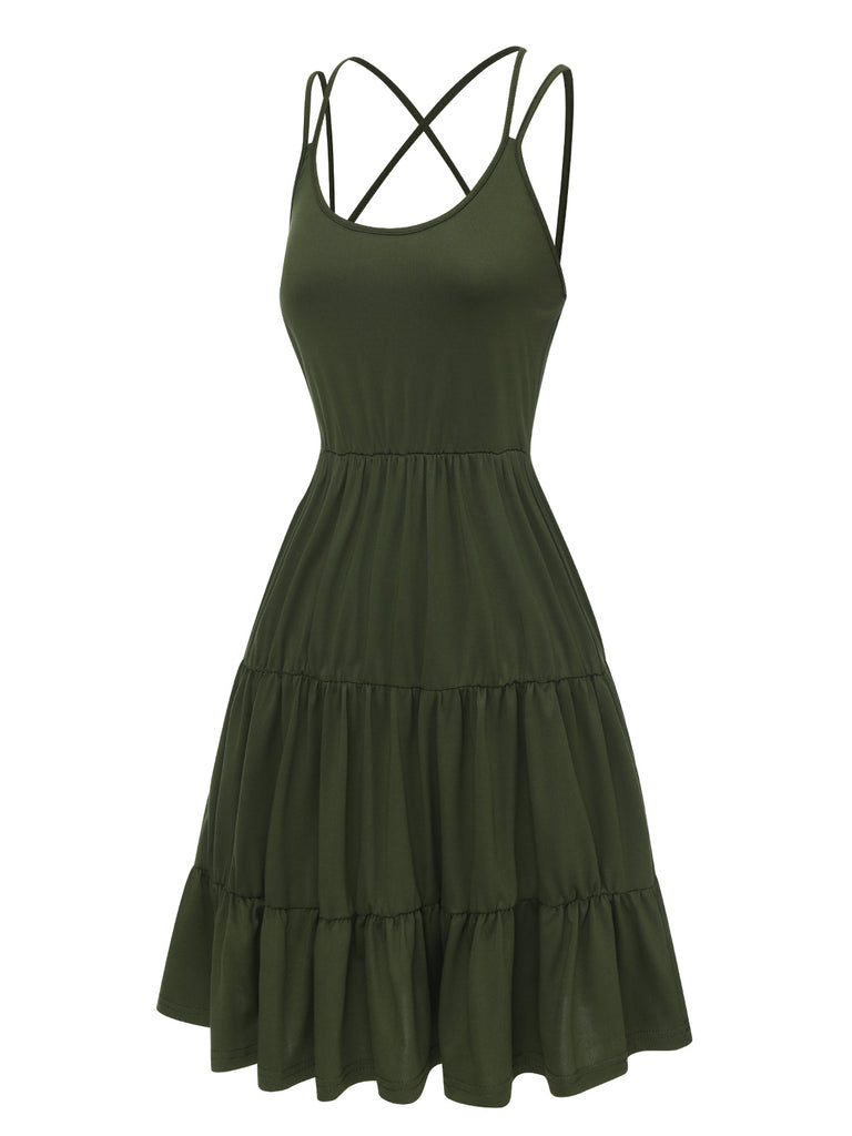Dark Green 1930s Solid Suspender Cake Dress