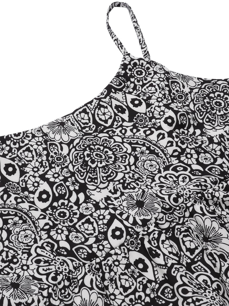 Black 1930s Mandala Print Strap Dress