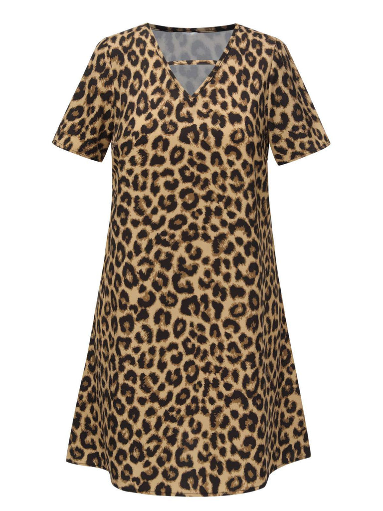 1960s Retro Leopard Short Sleeves Dress