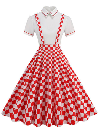 1950s Patchwork Lapel Collar Suspender Dress