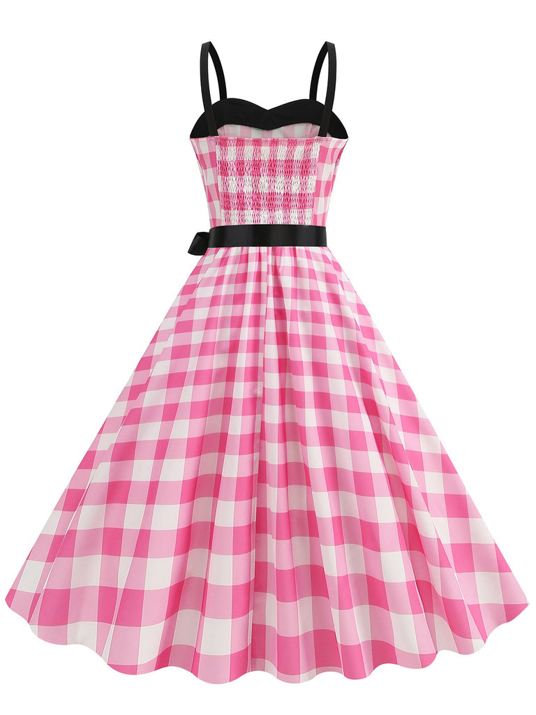 Pink 1950s Plaid Patchwork Spaghetti Straps Dress