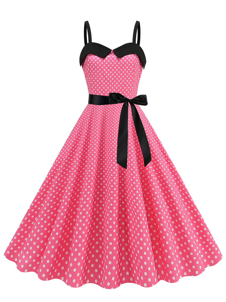 1950s Polka Dots Patchwork Ribbon Strap Dress