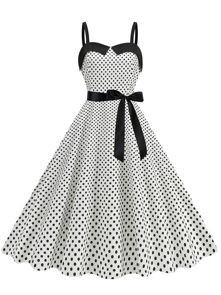 1950s Polka Dots Patchwork Ribbon Strap Dress
