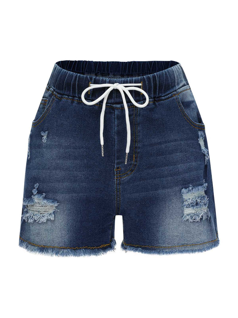 Blue 1930s Ripped Denim Shorts
