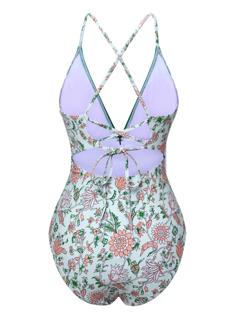 Green 1950s Floral Spaghetti Strap Swimsuit