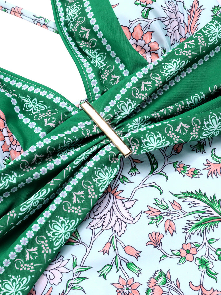 Green 1950s Floral Spaghetti Strap Swimsuit