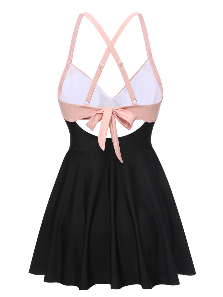 Pink & Black 1940s Front Cutout Strap Swimsuit