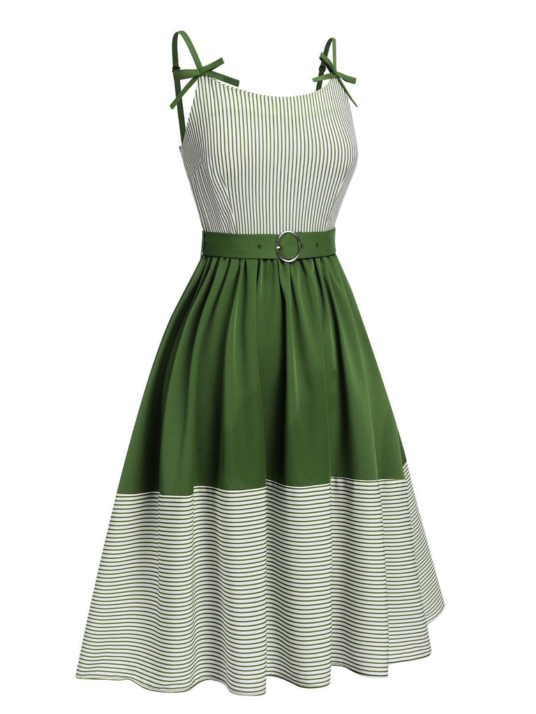 Green 1940s Spaghetti Strap Stripes Patchwork Belted Dress