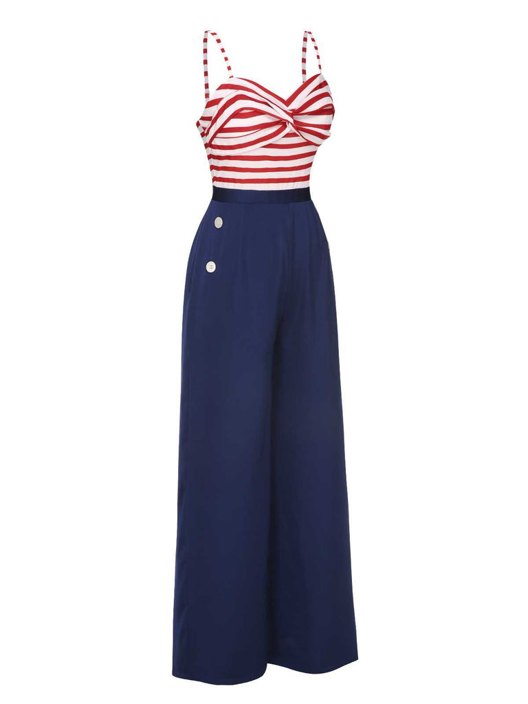 Dark Blue 1930s Spaghetti Strap Stripes Jumpsuit