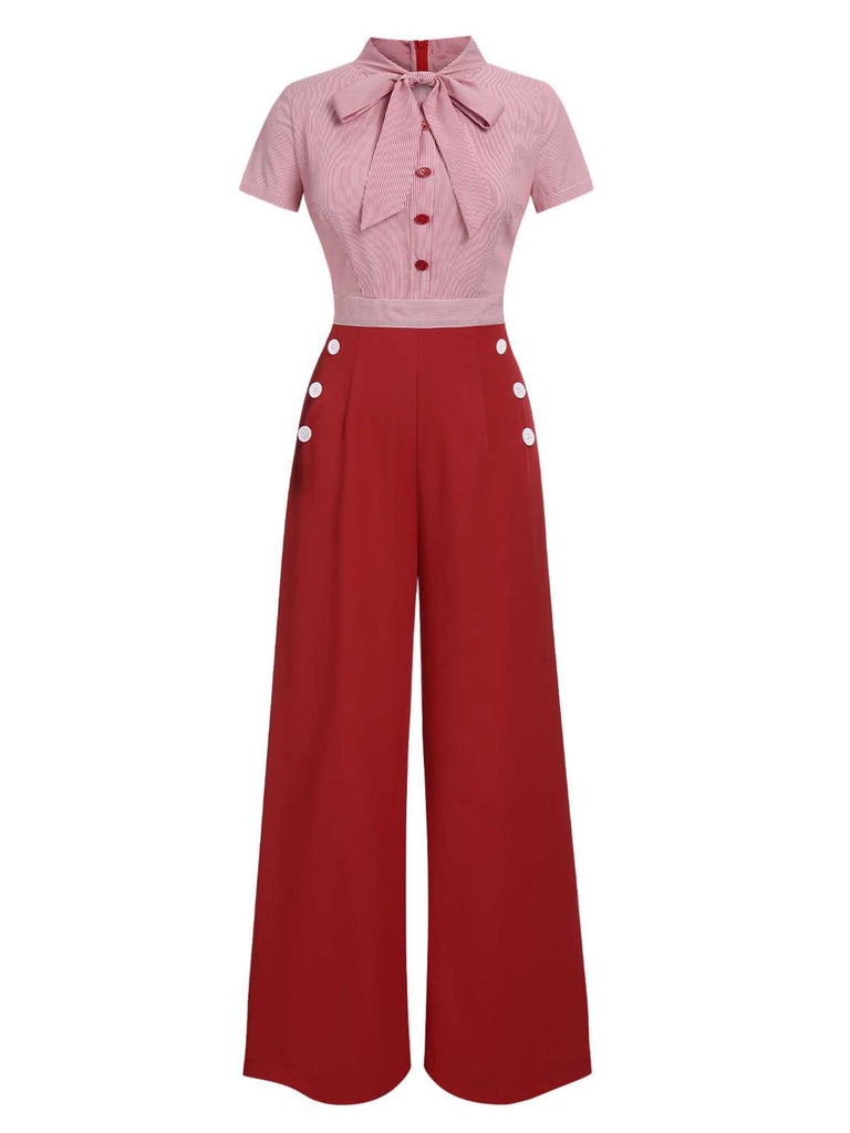 [Pre-Sale] Red 1940s Tie Neck Stripes Jumpsuit