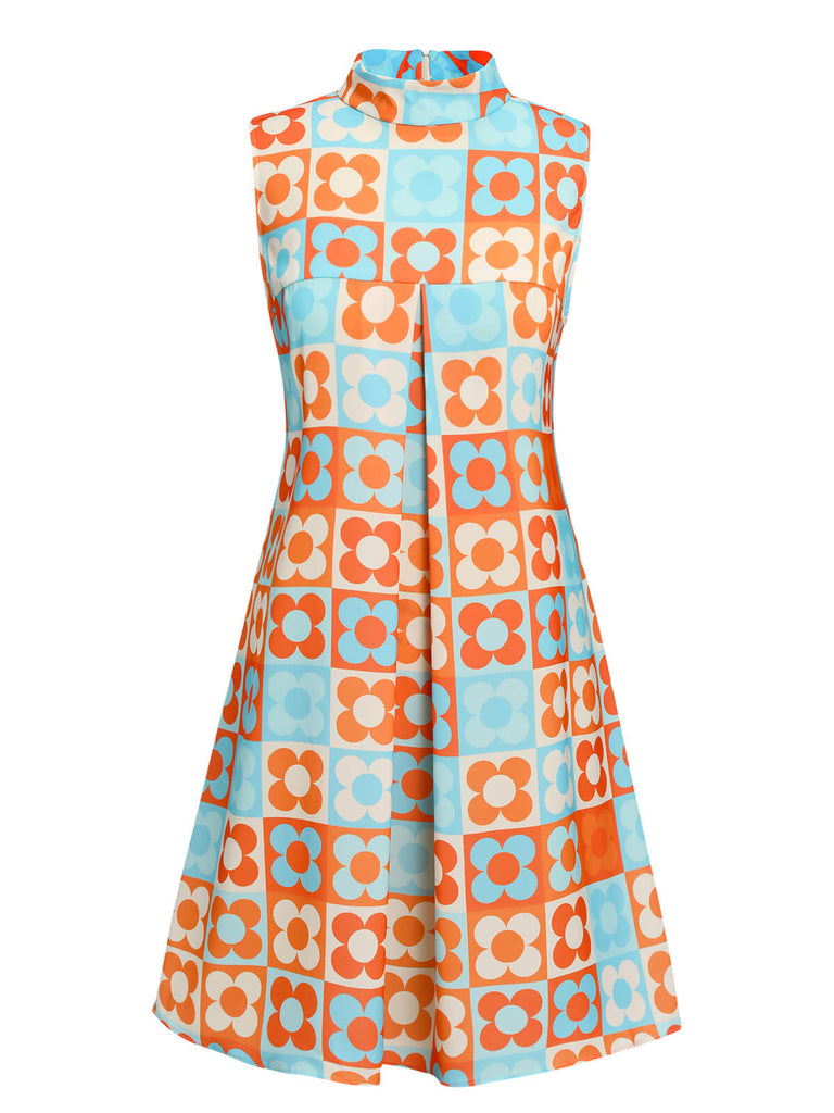 [Pre-Sale] Orange & Blue 1960s Floral Stand Collar Dress