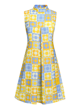 Yellow & Blue 1960s Floral Stand Collar Dress