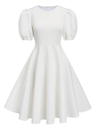 1950s Round Neck Puff Sleeve A-Line Dress