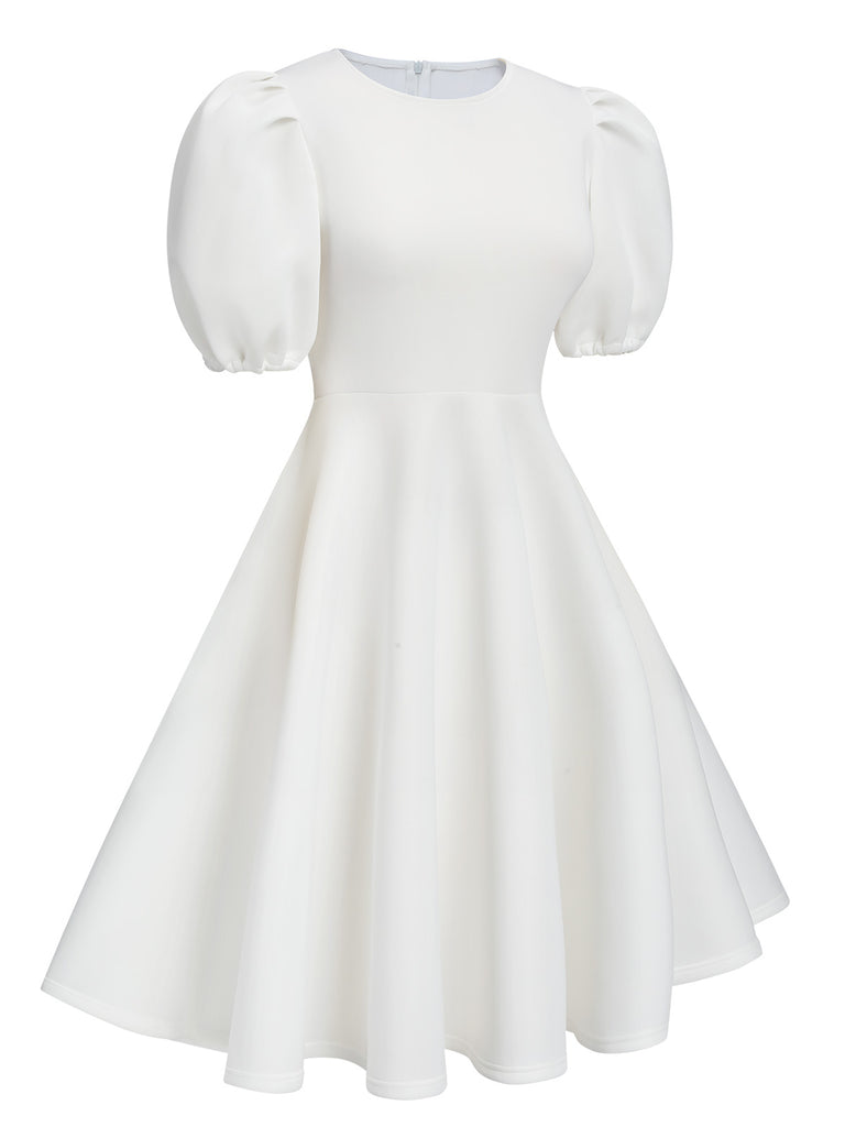1950s Round Neck Puff Sleeve A-Line Dress