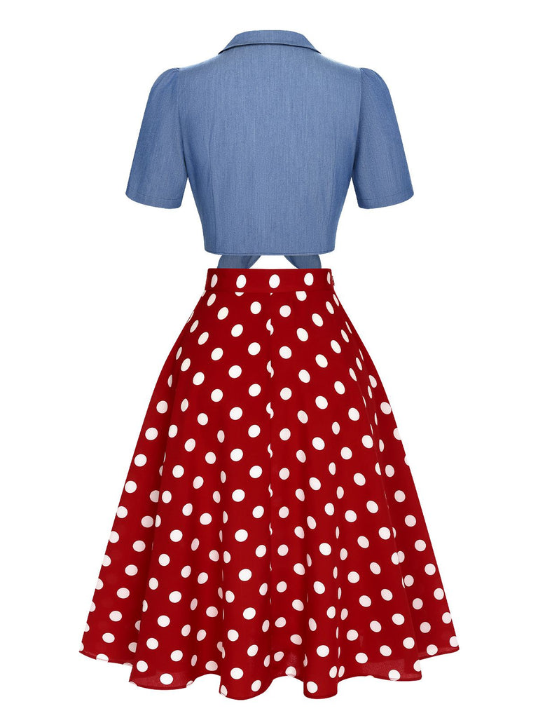 2PCS 1950s Solid Blouse & Polka Dot Skirt
