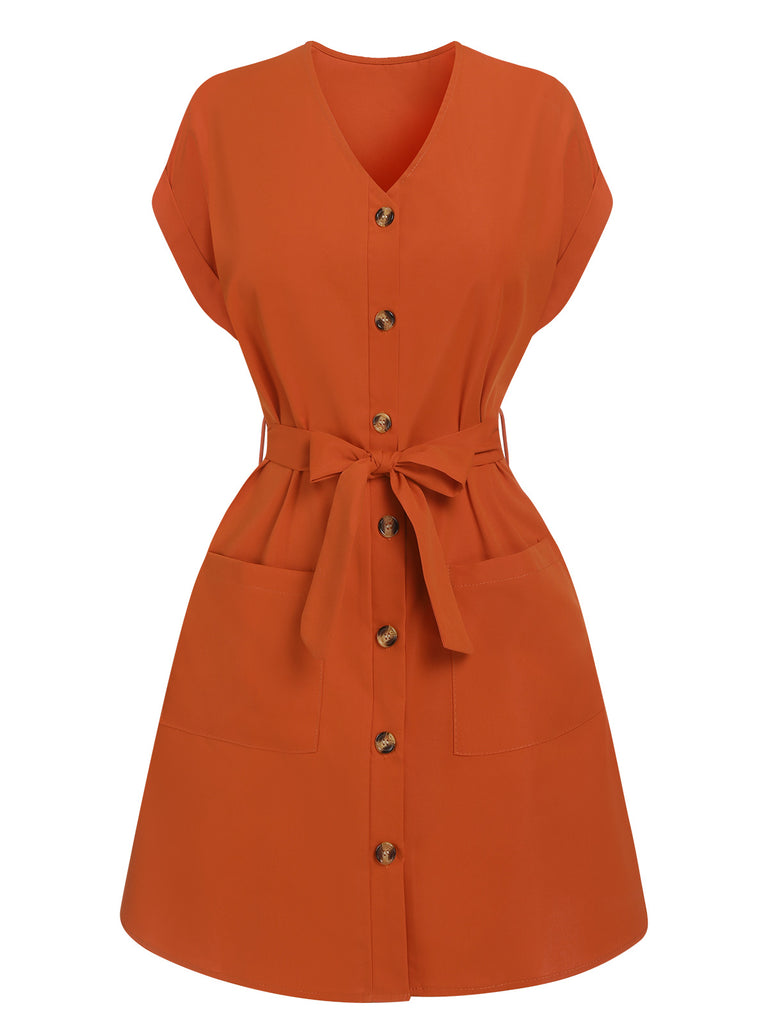 1940s Solid Button V-Neck Belt Dress