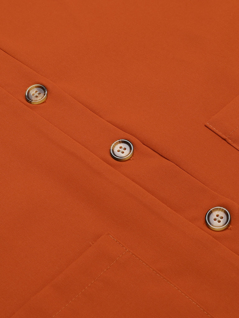 1940s Solid Button V-Neck Belt Dress
