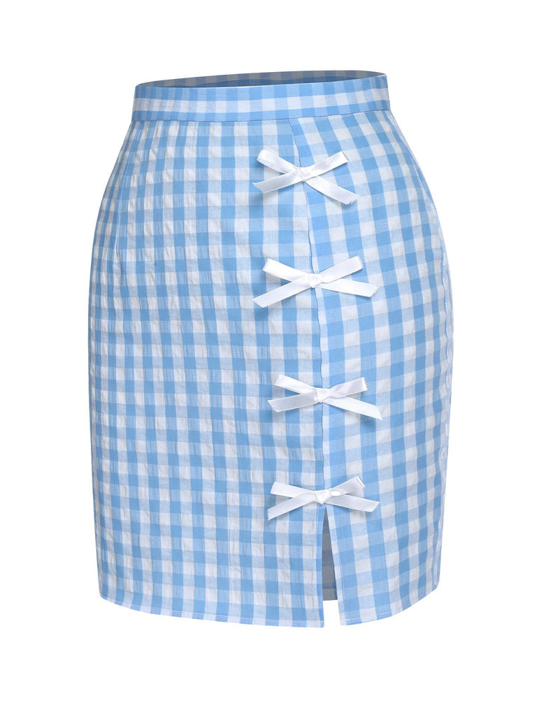 Blue 1960s Plaid BowKnot Skirts